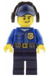 Police Officer Minifigure - City police officer with a gold badge, wearing a dark blue cap with a hole, headphones, and a lopsided grin - cty0464