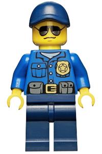 Police Officer Minifigure - City police officer with a gold badge, wearing a dark blue cap with a hole and sunglasses - cty0465