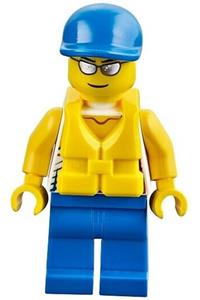 Surfer Minifigure - Minifigure with a tank top featuring surfer silhouette, blue legs, blue short bill cap, life jacket center buckle, and silver sunglasses - cty0468