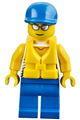 Minifigure with a tank top featuring surfer silhouette, blue legs, blue short bill cap, life jacket center buckle, and silver sunglasses - cty0468