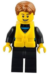 Swimmer Minifigure - Minifigure with dark orange short tousled hair wearing a wetsuit with a blue sign, life jacket center buckle, and open grin - cty0469