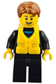 Minifigure with dark orange short tousled hair wearing a wetsuit with a blue sign, life jacket center buckle, and open grin - cty0469