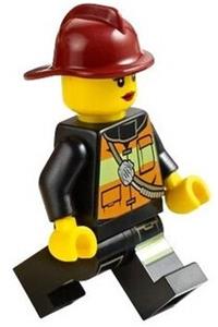 Firefighter Minifigure - Female firefighter with a dark red fire helmet, wearing a reflective stripe vest with pockets and a shoulder strap, and red lips - cty0470