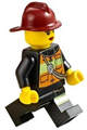 Female firefighter with a dark red fire helmet, wearing a reflective stripe vest with pockets and a shoulder strap, and red lips - cty0470