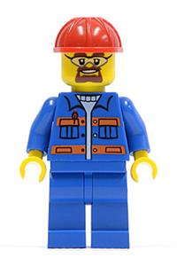 Worker in Blue Jacket with Orange Stripes - City worker with a blue jacket with pockets and orange stripes, blue legs, red construction helmet, and safety goggles - cty0471