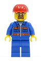 City worker with a blue jacket with pockets and orange stripes, blue legs, red construction helmet, and safety goggles - cty0471