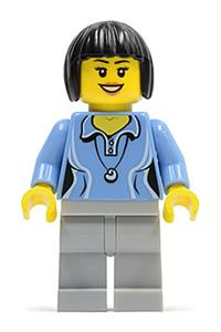 Female Minifigure - Female minifigure with a medium blue shirt featuring two buttons and a shell pendant, light bluish gray legs, and black bob cut hair - cty0472