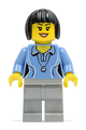 Female minifigure with a medium blue shirt featuring two buttons and a shell pendant, light bluish gray legs, and black bob cut hair - cty0472