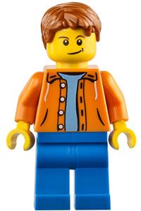 Male Minifigure - Minifigure with light blue sweater with hood, orange jacket, dark orange tousled hair, crooked smile, and blue legs - cty0473