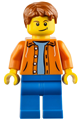 Minifigure wearing an orange jacket with hood over a light blue sweater, blue legs, dark orange tousled hair, and a crooked smile with a brown dimple - cty0473a