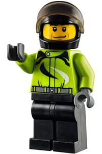 Monster Truck Driver Minifigure - Driver of a monster truck in a race suit with black and white swirls, wearing a black helmet with a crooked smile visible through the trans-black visor - cty0475