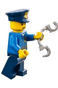 Police Officer Minifigure - City police officer with a gold badge, wearing a police hat and scowling - cty0476