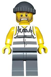 Jail Prisoner Minifigure - Minifigure with jail prisoner shirt featuring prison stripes and torn sleeves, paired with dark bluish gray legs and a cap - cty0481