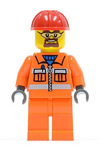 Construction Worker Minifigure - Construction worker with orange zipper, safety stripes, arms, and legs, wearing a red construction helmet with beard and safety goggles - cty0483