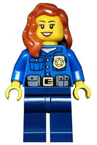 Police Officer Minifigure - City police officer with a gold badge and dark orange female hair worn over the shoulder - cty0485