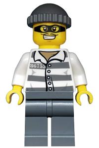 Jail Prisoner Minifigure - Prisoner 86753 in jail stripes, wearing a dark bluish gray knit cap and a mask - cty0486