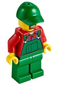Farmer in Green Overalls Minifigure - Farmer wearing green overalls and a green cap with a hole, with a brown moustache and goatee - cty0499