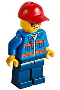 Worker in Blue Jacket with Orange Stripes - City worker with blue jacket with pockets and orange stripes, dark blue legs, red cap with hole, sunglasses, no back print - cty0500