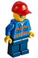 City worker with blue jacket with pockets and orange stripes, dark blue legs, red cap with hole, sunglasses, no back print - cty0500