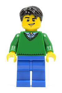 Male in V-Neck Sweater Minifigure - Minifigure with black short tousled hair wearing a green V-neck sweater, blue legs, and a lopsided grin - cty0503
