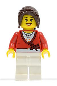Female with Cropped Sweater - Minifigure with a cropped sweater and bow, white legs, heart necklace, and long dark brown hair in a ponytail with side bangs - cty0504