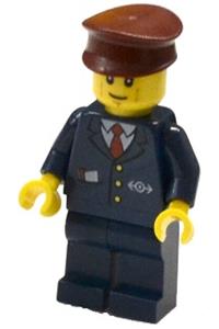 Male Train Worker Minifigure - Minifigure wearing a dark blue suit with train logo, dark blue legs, dark red hat, and cheek lines - cty0505