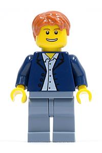 Male in Dark Blue Jacket Minifigure - Minifigure with a dark blue jacket over a light blue shirt, sand blue legs, and dark orange short tousled hair - cty0506