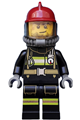 Firefighter with dark red fire helmet, reflective stripes and utility belt, breathing neck gear, crooked smile, and scar - cty0524