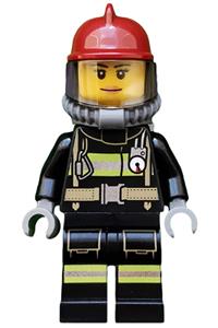Firefighter Minifigure - Firefighter with reflective stripes and utility belt, wearing a dark red fire helmet and breathing gear with air tanks, sporting a peach lips smile - cty0525