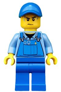Worker in Blue Overalls Minifigure - City worker wearing blue overalls with tools in pocket, a blue cap with a hole, and sweat drops - cty0526