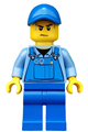 City worker wearing blue overalls with tools in pocket, a blue cap with a hole, and sweat drops - cty0526