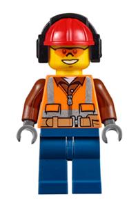 Construction Worker - Orange Zipper, Safety Stripes, Belt, Brown Shirt, Dark Blue Legs, Red Construction Helmet, Headphones, Orange Sunglasses cty0527