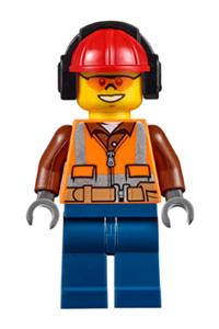 Construction Worker Minifigure - Construction worker with orange zipper, safety stripes, belt, brown shirt, dark blue legs, red helmet, headphones, and orange sunglasses - cty0527