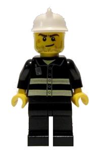 Firefighter Minifigure - Firefighter with black legs, white fire helmet, reflective stripes, crooked smile, and scar - cty0531