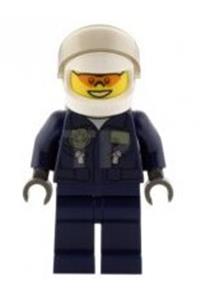 Helicopter Pilot Minifigure - Helicopter pilot of the Swamp Police, wearing a dark blue flight suit with badge, helmet, plain hips, and legs - cty0535