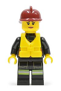 Firefighter Minifigure - Female firefighter with dark red fire helmet, wearing reflective stripe vest with pockets and shoulder strap, and life jacket center buckle - cty0538