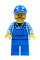City worker wearing blue overalls with tools in pocket, a blue cap with a hole, beard, and glasses - cty0544