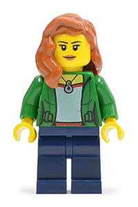 Green Female Jacket Open with Necklace, Dark Blue Legs, Dark Orange Female Hair over Shoulder cty0545