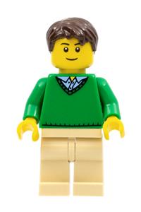 Male in V-Neck Sweater Minifigure - Minifigure with dark brown short tousled hair in a green V-neck sweater, tan legs, and a thin grin - cty0547