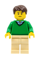 Minifigure with dark brown short tousled hair in a green V-neck sweater, tan legs, and a thin grin - cty0547