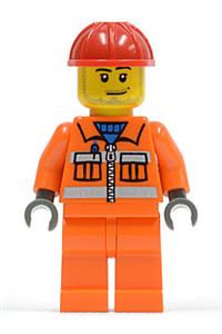 Construction Worker Minifigure - Construction worker with chest pocket zippers, wearing a belt over a dark gray hoodie and a red construction helmet - cty0549