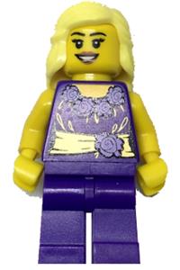 Female Dark Purple Blouse with Gold Sash and Flowers, Dark Purple Legs, Bright Light Yellow Female Hair Mid-Length cty0550