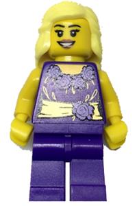 Female Minifigure - Female minifigure with dark purple blouse with gold sash and flowers, matching legs, and bright light yellow mid-length hair - cty0550