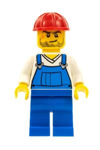 Male in Blue Overalls Minifigure - Minifigure with blue overalls over a v-neck shirt, red construction helmet, crooked smile, and scar - cty0555