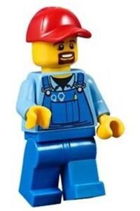 Worker in Blue Overalls Minifigure - City worker wearing blue overalls with tools, a red cap with a hole, and a brown moustache and goatee - cty0570