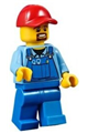 City worker wearing blue overalls with tools, a red cap with a hole, and a brown moustache and goatee - cty0570