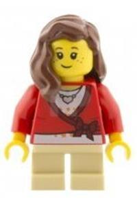 Female with Cropped Sweater - Minifigure with tan short legs, wearing a cropped sweater with a bow, adding a heart necklace and reddish brown hair - cty0572