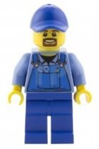 Worker in Blue Overalls Minifigure - City worker wearing blue overalls with tools in pocket, a blue cap with a hole, and a brown moustache and goatee - cty0574