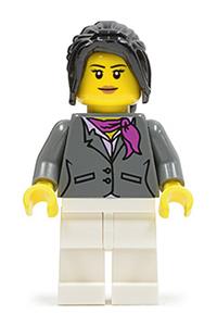Female in Gray Jacket with Magenta Scarf - Minifigure wears a dark bluish gray jacket with a magenta scarf, white legs, and black long hair with a ponytail and side bangs - cty0575