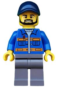 Male in Blue Jacket Minifigure - Minifigure wearing a blue jacket with orange stripes, dark bluish gray legs, a dark blue cap with a hole, and a black beard - cty0576